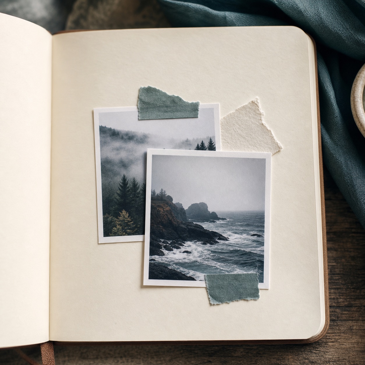 Two layered image prints taped neatly into a journal