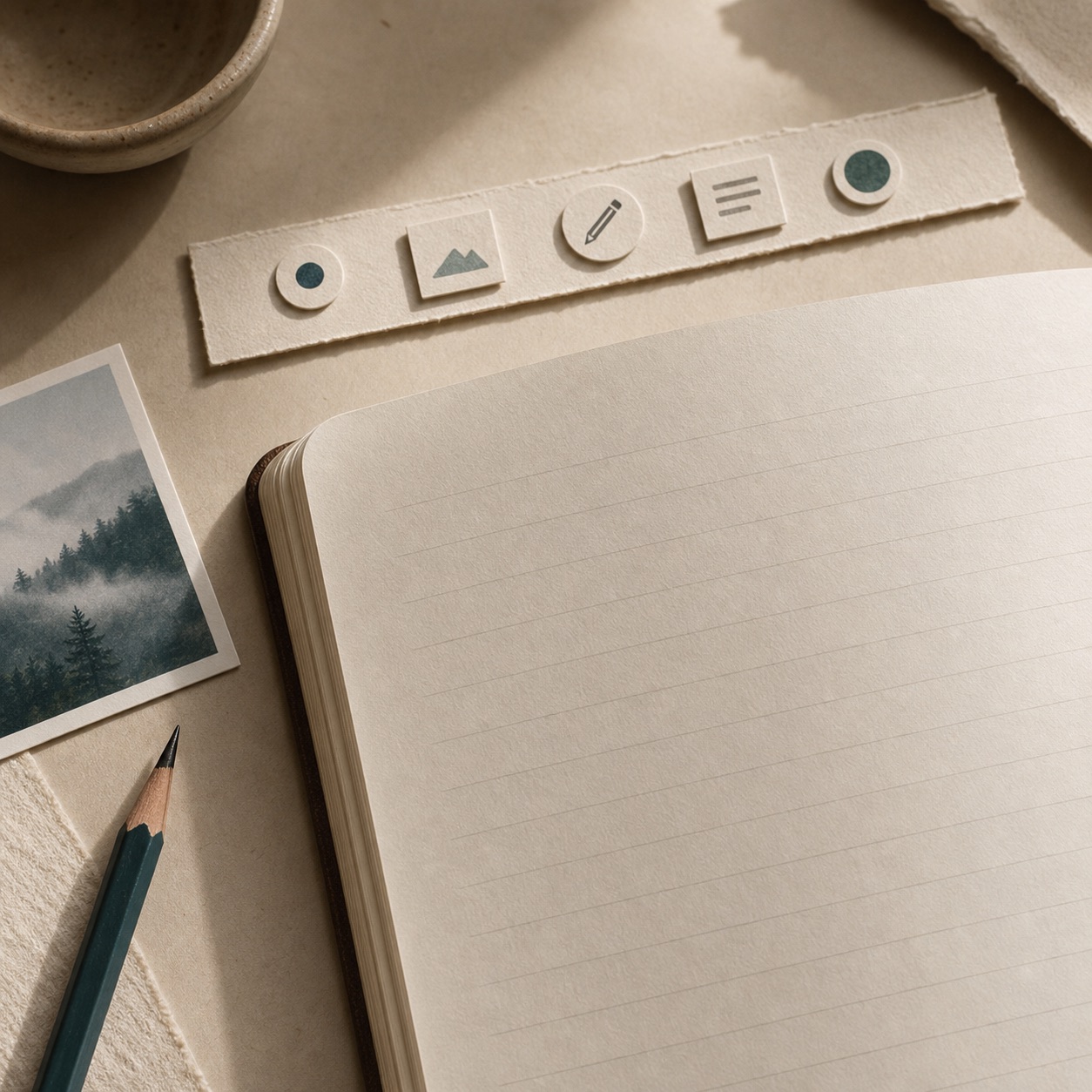Layered paper tools arranged around a blank journal page