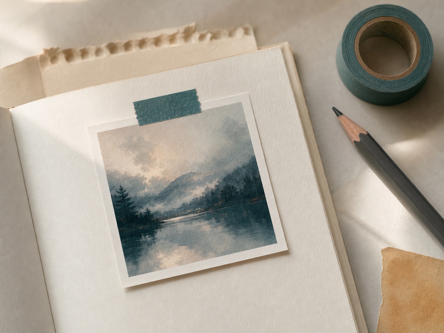 Small landscape print taped into an open journal page