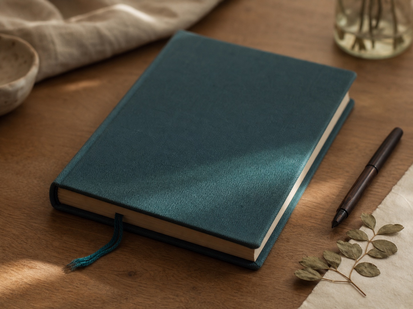 Closed teal cloth journal on a warm desk with pen and pressed leaf